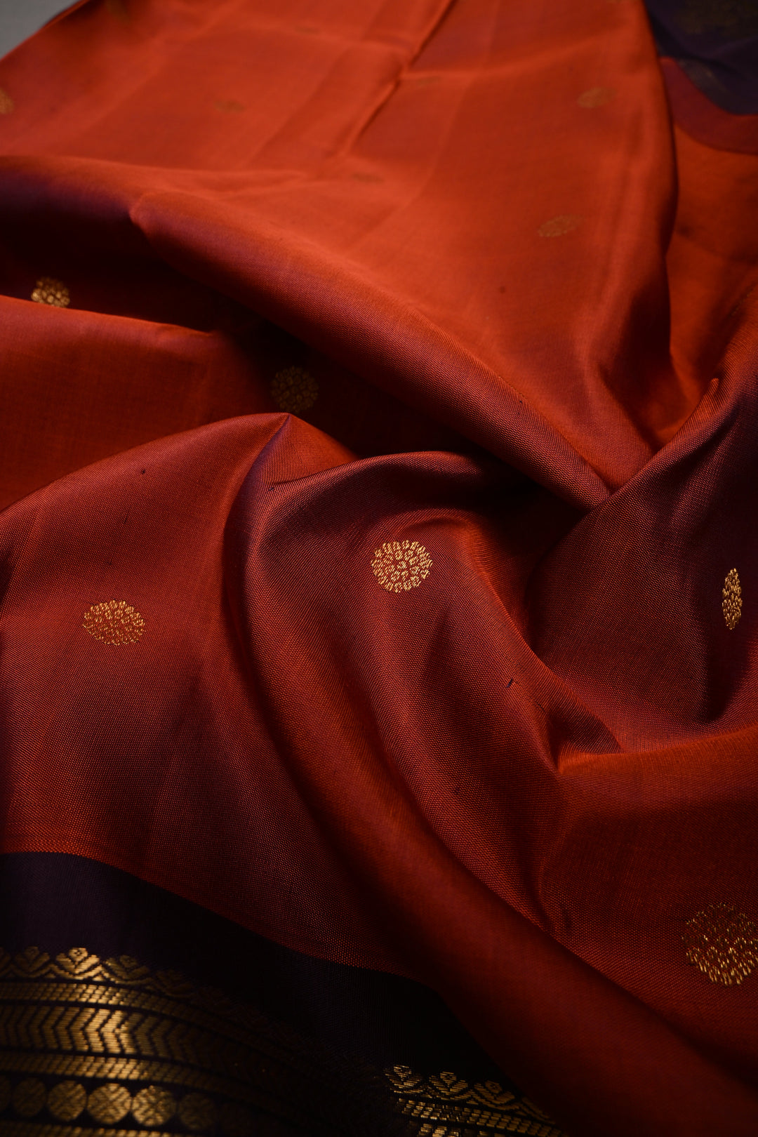 Rust Orange Dual Tone Gadwal Silk Saree with Zari Buttas and 16' Wide Contrast Zari Border | SILK MARK CERTIFIED | SHOBITAM
