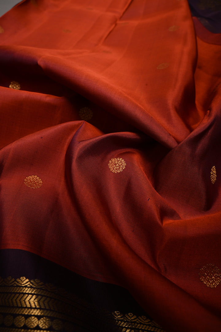 Rust Orange Dual Tone Gadwal Silk Saree with Zari Buttas and 16' Wide Contrast Zari Border | SILK MARK CERTIFIED | SHOBITAM