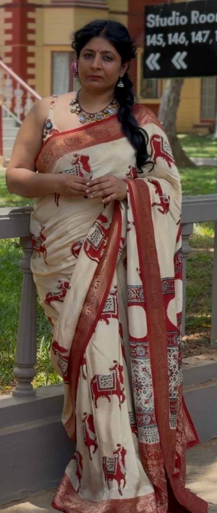 Beige Pichawai Hand Block Print on Dola Silk Saree with Fancy Zari Border and Ajrakh Pallu | SHOBITAM