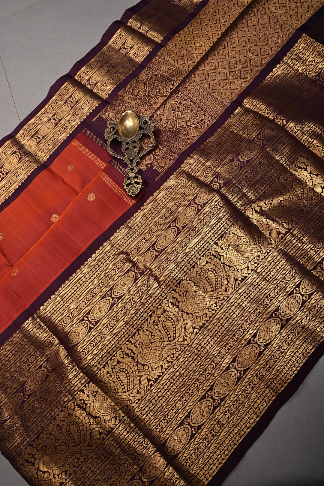 Rust Orange Dual Tone Gadwal Silk Saree with Zari Buttas and 16' Wide Contrast Zari Border | SILK MARK CERTIFIED | SHOBITAM
