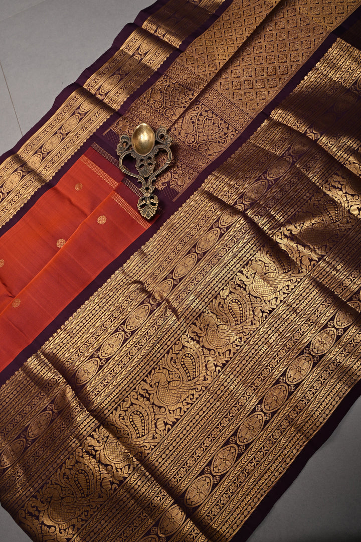 Rust Orange Dual Tone Gadwal Silk Saree with Zari Buttas and 16' Wide Contrast Zari Border | SILK MARK CERTIFIED | SHOBITAM
