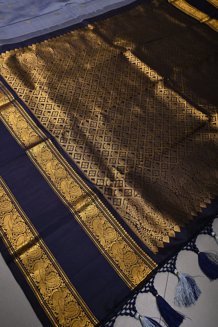 Dusty Amethyst Gadwal Silk Saree with Zari Buttas and Rettaipet Contrast Zari Border | SILK MARK CERTIFIED | SHOBITAM