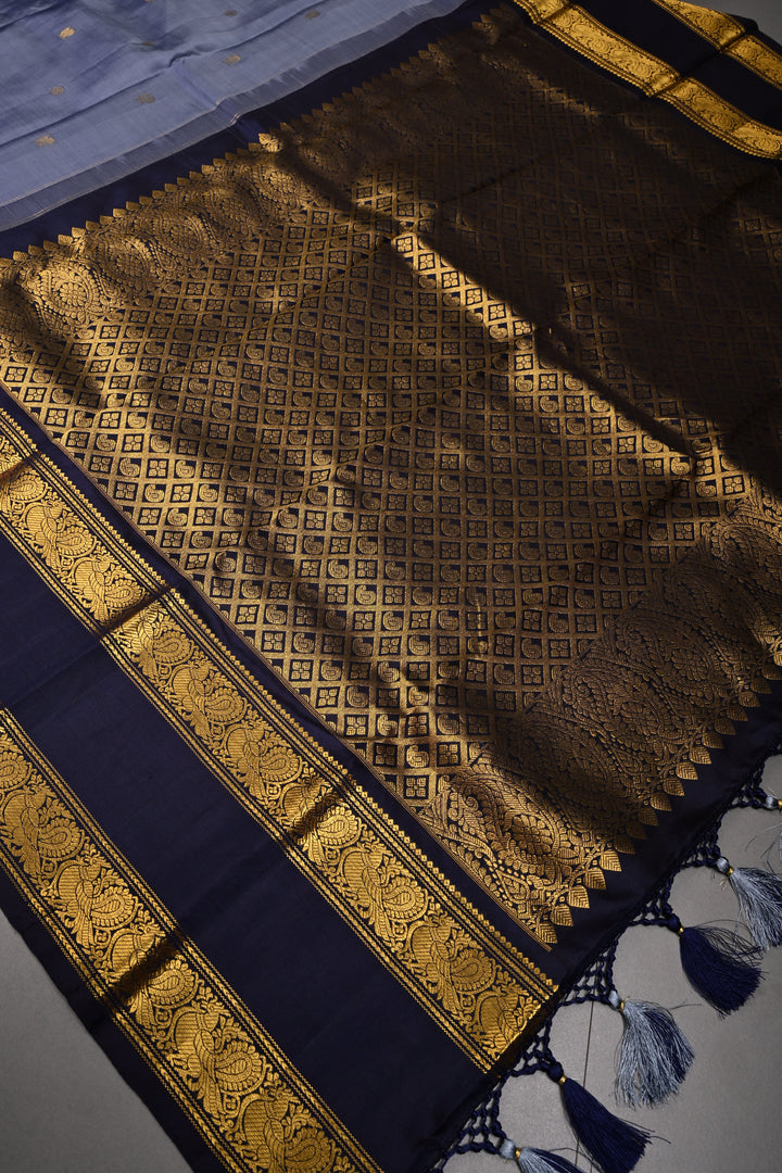 Dusty Amethyst Gadwal Silk Saree with Zari Buttas and Rettaipet Contrast Zari Border | SILK MARK CERTIFIED | SHOBITAM