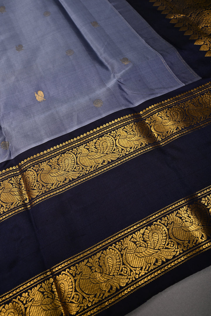 Dusty Amethyst Gadwal Silk Saree with Zari Buttas and Rettaipet Contrast Zari Border | SILK MARK CERTIFIED | SHOBITAM