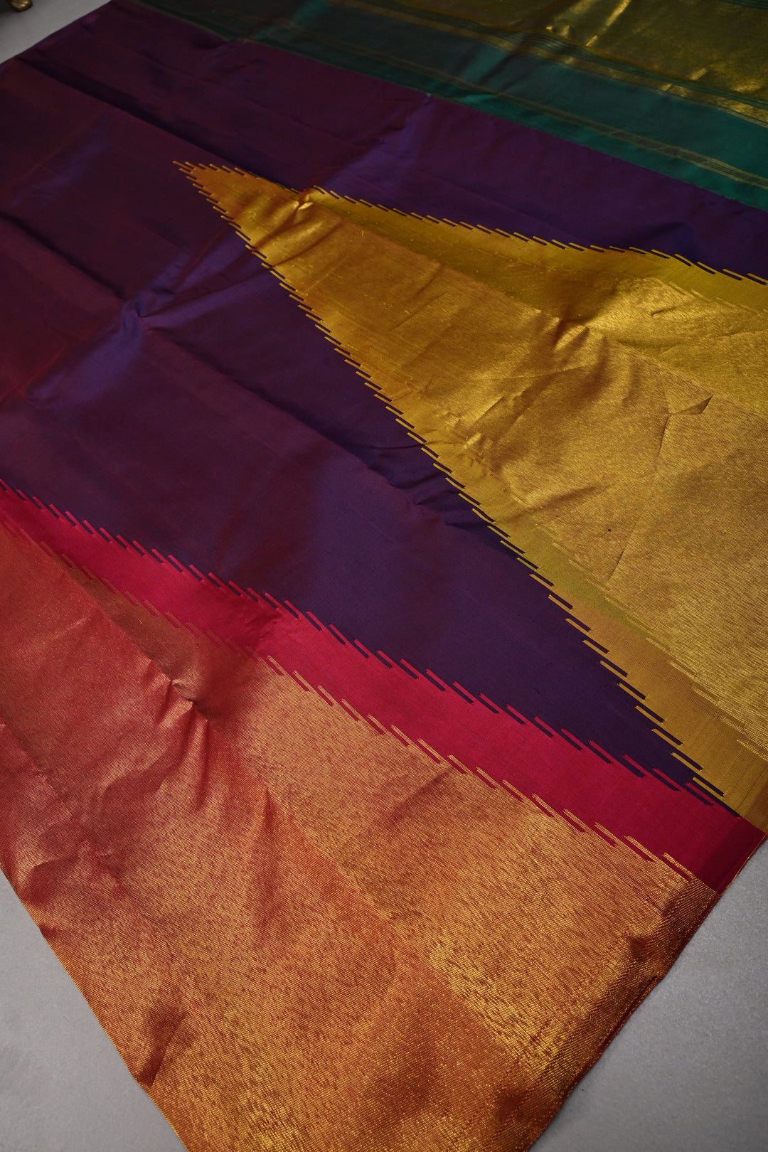 Deep Eggplant Purple Kanjivaram Pure Silk Saree with Multicolor Temple Zari Border  | SILK MARK CERTIFIED
