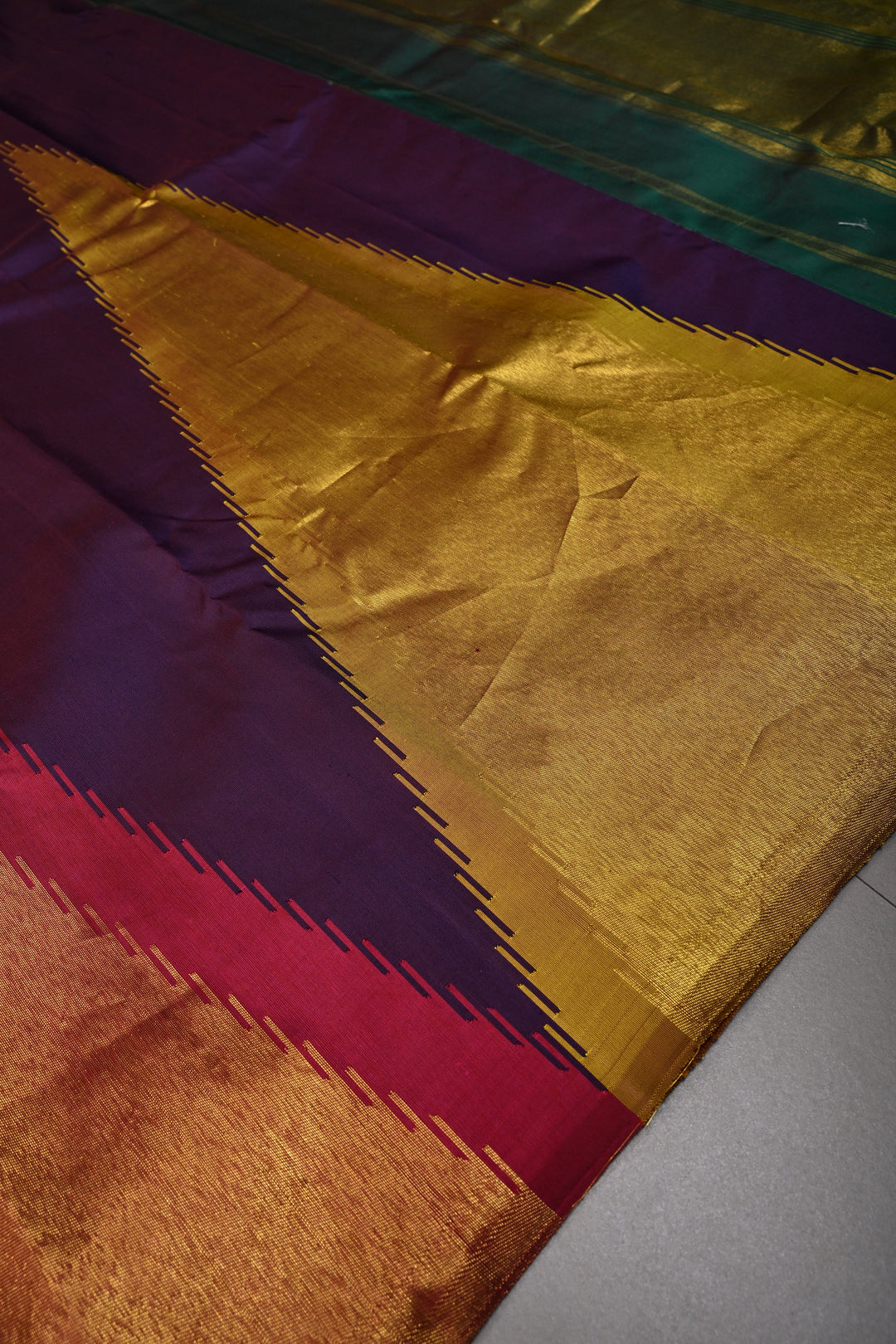 Deep Eggplant Purple Kanjivaram Pure Silk Saree with Multicolor Temple Zari Border  | SILK MARK CERTIFIED