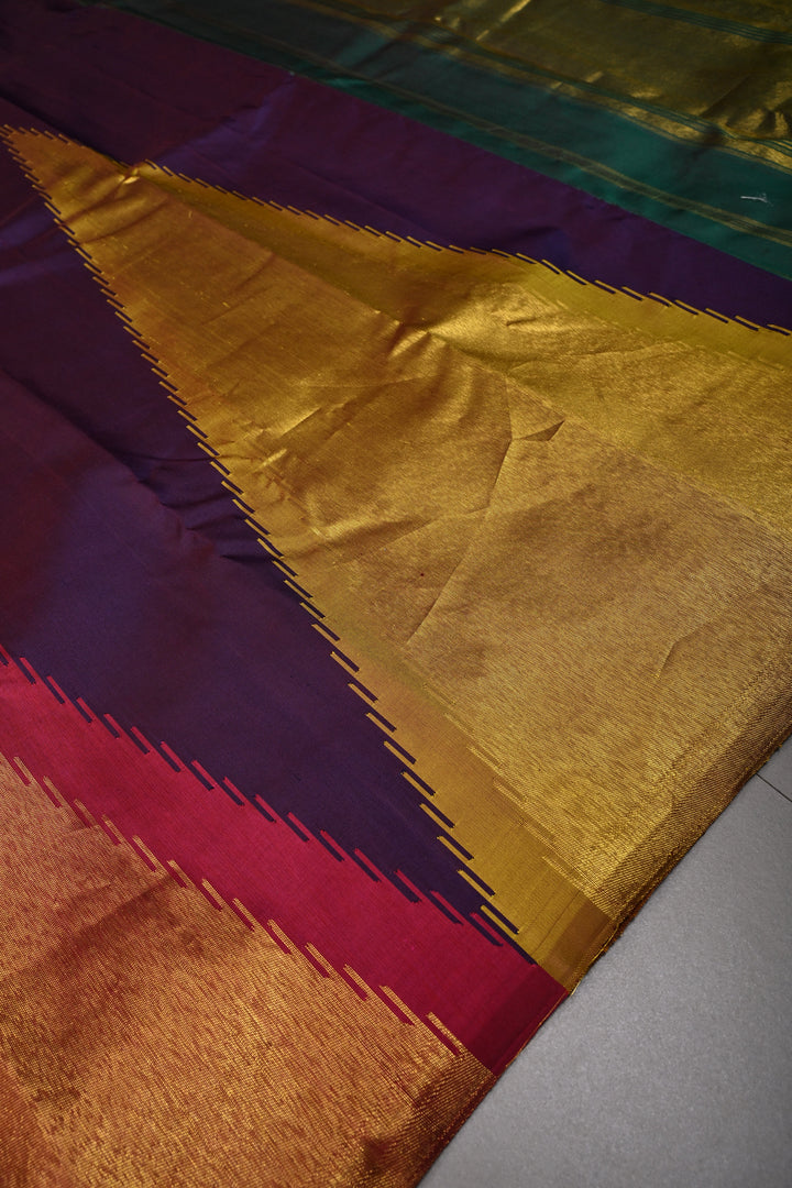 Deep Eggplant Purple Kanjivaram Pure Silk Saree with Multicolor Temple Zari Border  | SILK MARK CERTIFIED