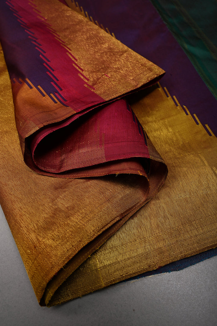 Deep Eggplant Purple Kanjivaram Pure Silk Saree with Multicolor Temple Zari Border  | SILK MARK CERTIFIED