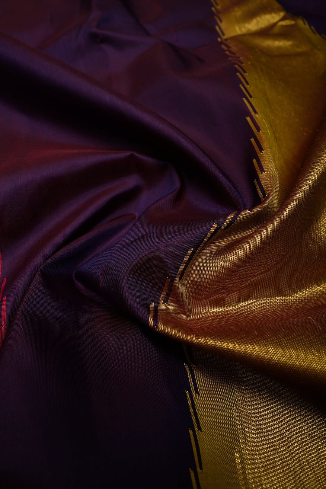 Deep Eggplant Purple Kanjivaram Pure Silk Saree with Multicolor Temple Zari Border  | SILK MARK CERTIFIED
