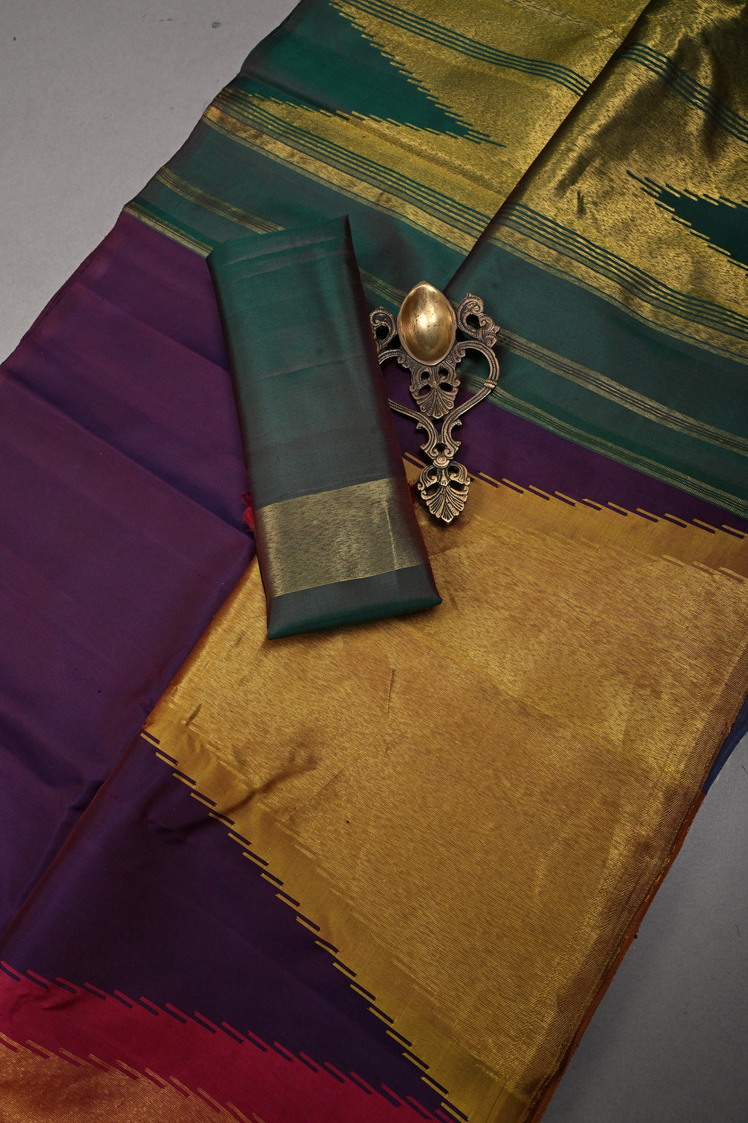 Deep Eggplant Purple Kanjivaram Pure Silk Saree with Multicolor Temple Zari Border  | SILK MARK CERTIFIED