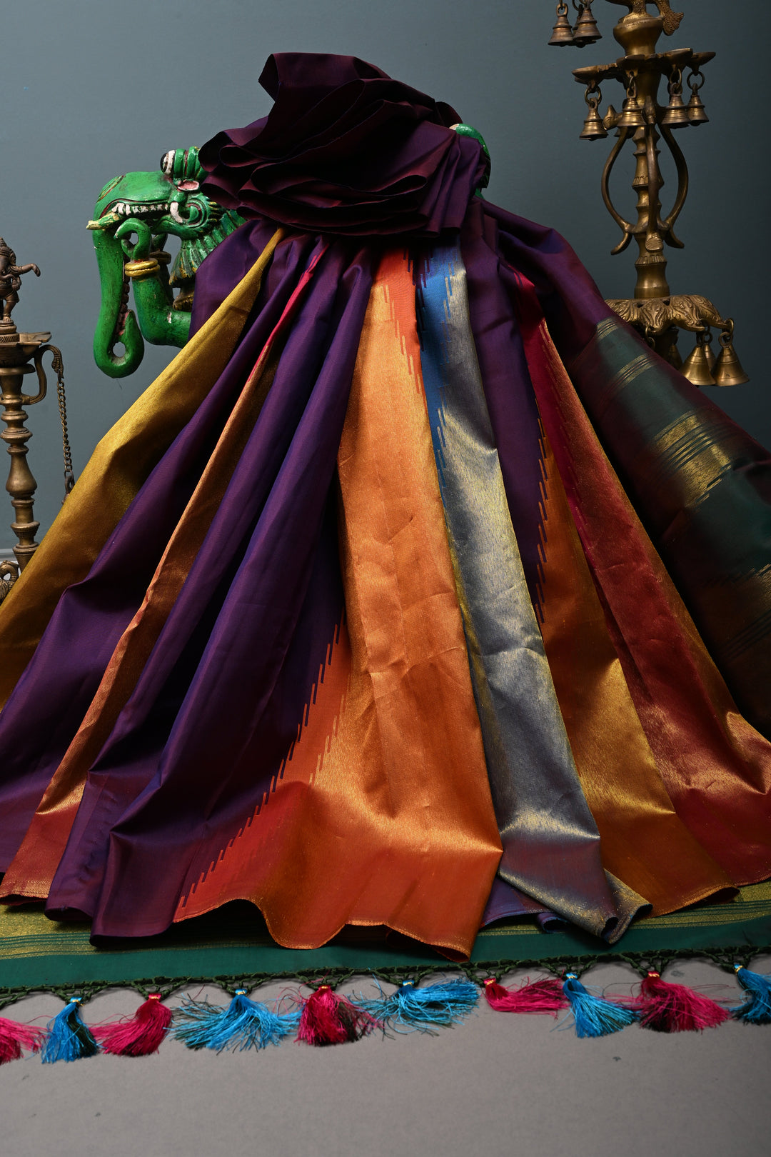 Deep Eggplant Purple Kanjivaram Pure Silk Saree with Multicolor Temple Zari Border  | SILK MARK CERTIFIED