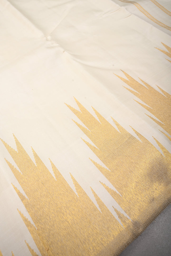 Ivory Kanjivaram Pure Silk Saree with Zari Temple Border and Grand Pallu | SILK MARK CERTIFIED