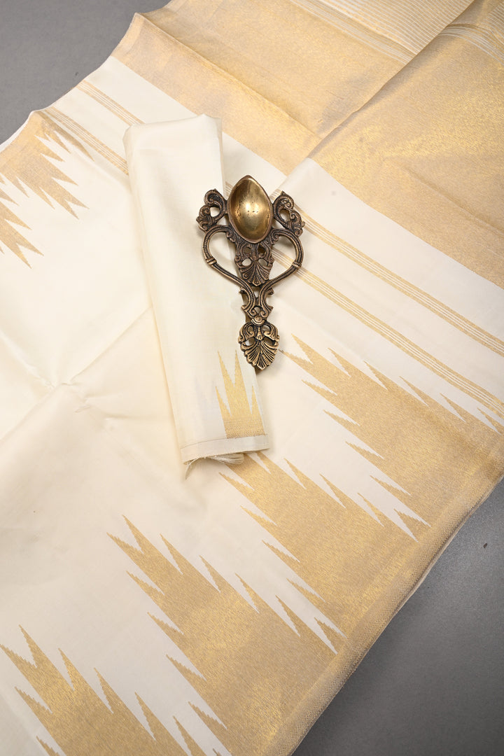 Ivory Kanjivaram Pure Silk Saree with Zari Temple Border and Grand Pallu | SILK MARK CERTIFIED