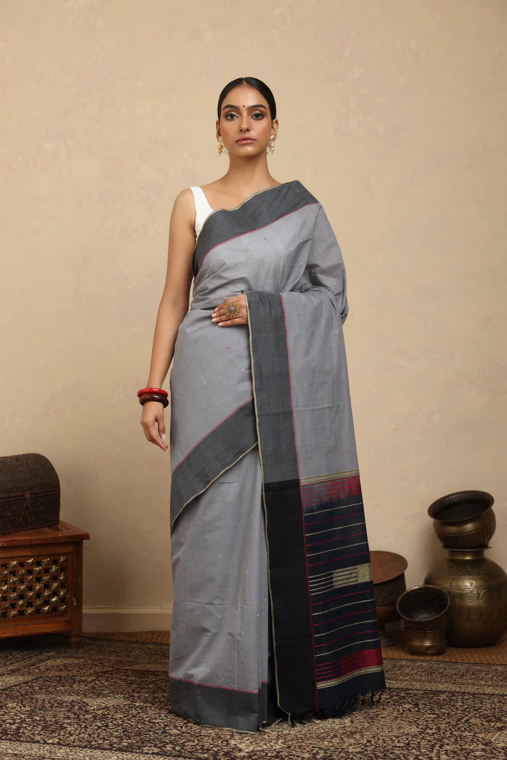 Handloom Gray Kanchi Cotton Saree With Blue Gray Border | SHOBITAM