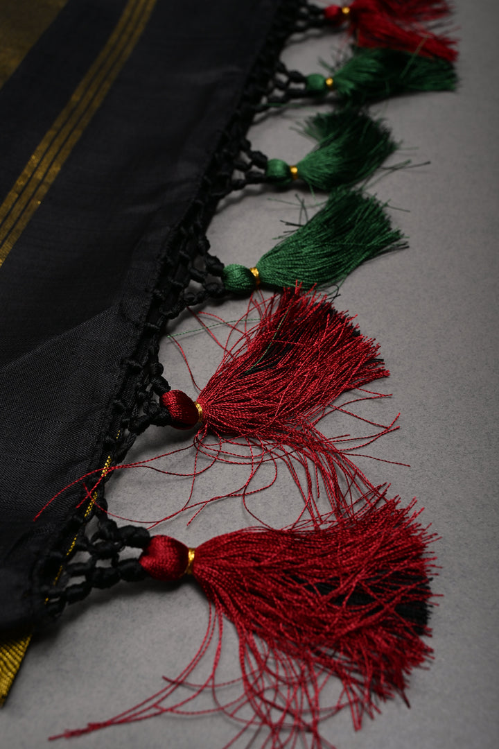 Authentic Kanjivaram Silk Saree in Stunning Black with MultiColor Temple Border with Grand Pallu | SILK MARK CERTIFIED