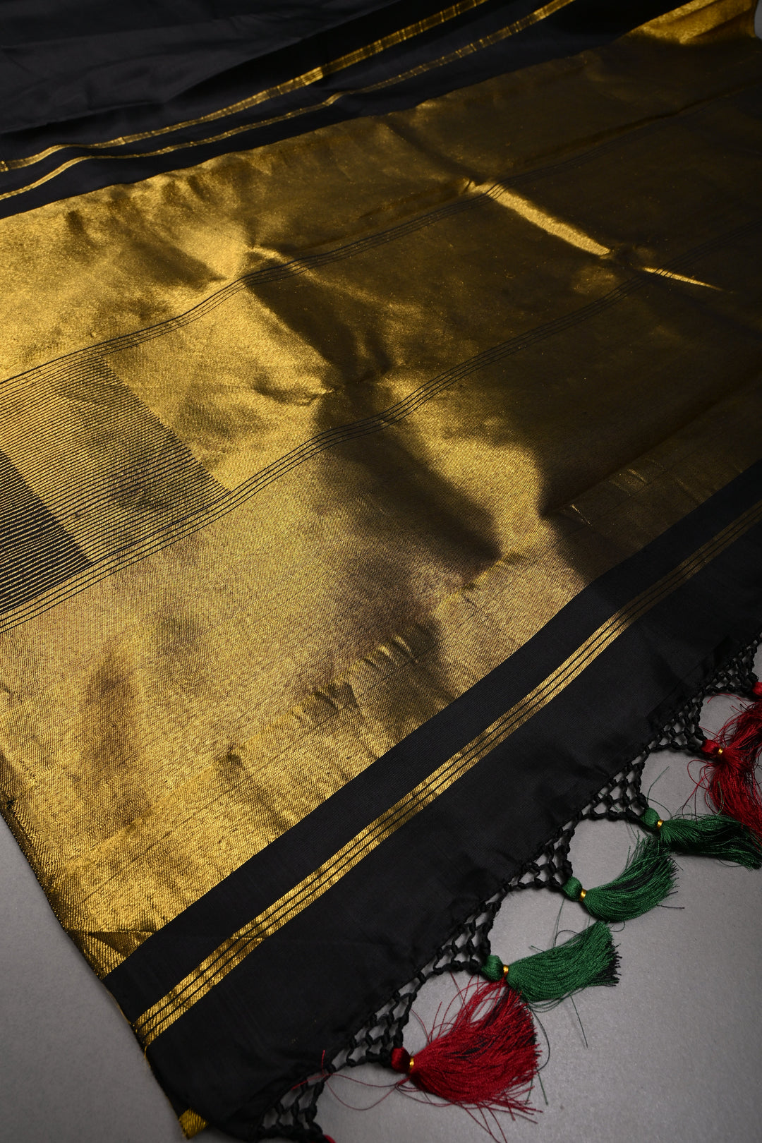 Authentic Kanjivaram Silk Saree in Stunning Black with MultiColor Temple Border with Grand Pallu | SILK MARK CERTIFIED