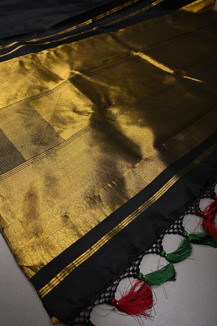 Authentic Kanjivaram Silk Saree in Stunning Black with MultiColor Temple Border with Grand Pallu | SILK MARK CERTIFIED