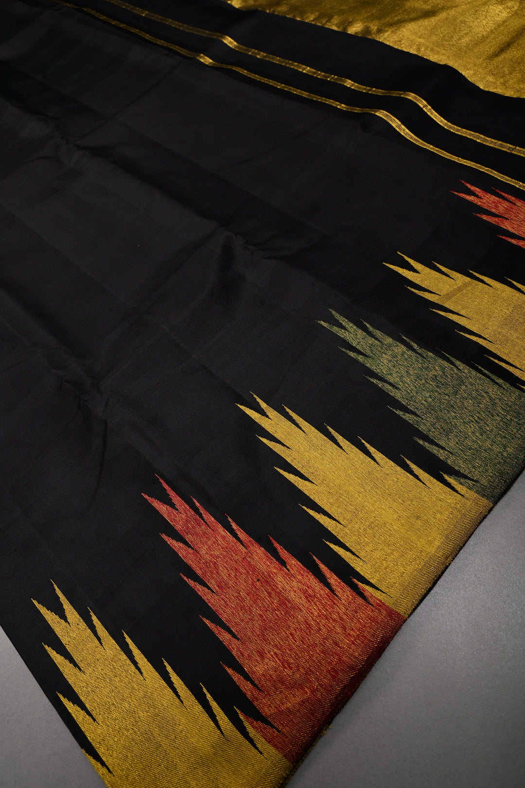 Authentic Kanjivaram Silk Saree in Stunning Black with MultiColor Temple Border with Grand Pallu | SILK MARK CERTIFIED