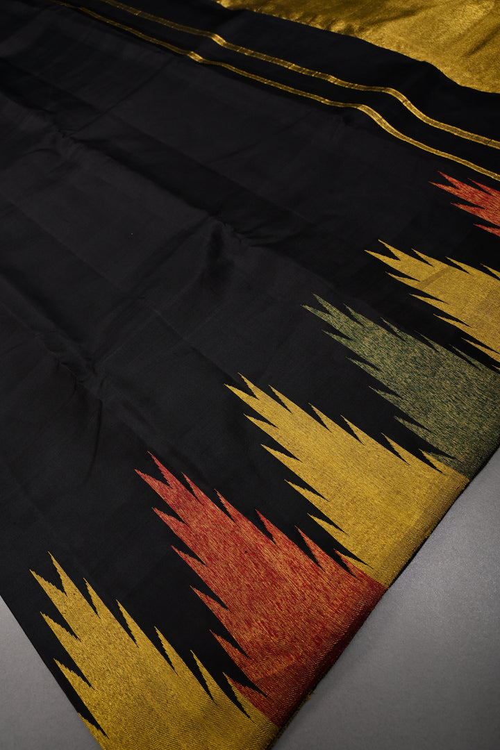 Authentic Kanjivaram Silk Saree in Stunning Black with MultiColor Temple Border with Grand Pallu | SILK MARK CERTIFIED
