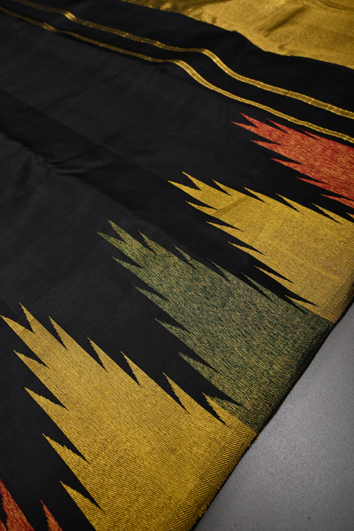 Authentic Kanjivaram Silk Saree in Stunning Black with MultiColor Temple Border with Grand Pallu | SILK MARK CERTIFIED