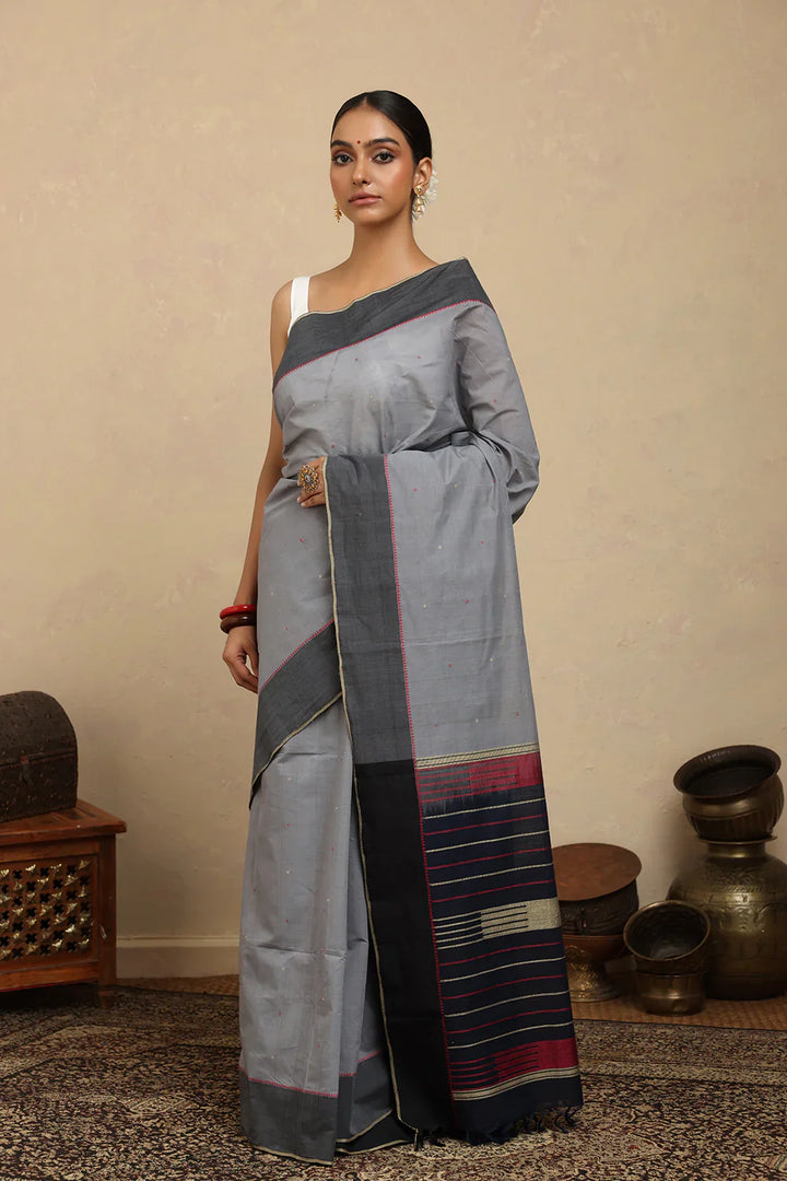 Handloom Gray Kanchi Cotton Saree With Blue Gray Border | SHOBITAM