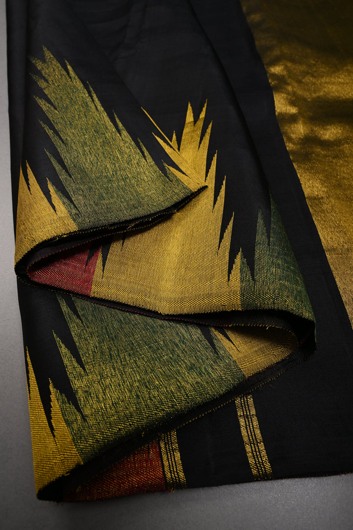 Authentic Kanjivaram Silk Saree in Stunning Black with MultiColor Temple Border with Grand Pallu | SILK MARK CERTIFIED