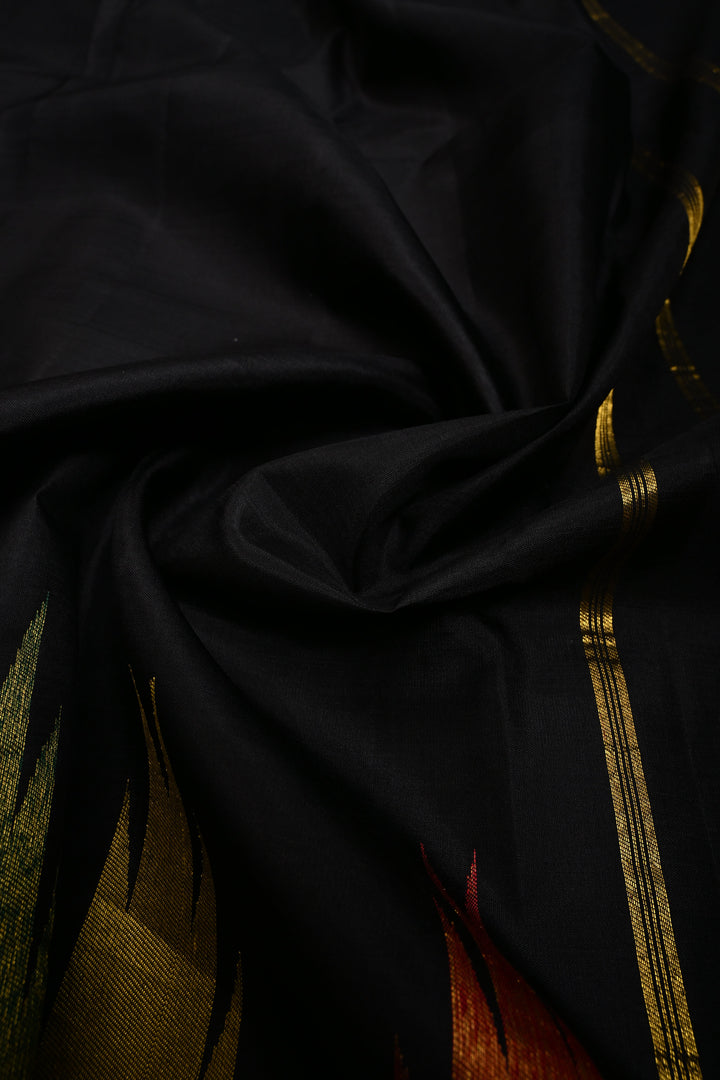 Authentic Kanjivaram Silk Saree in Stunning Black with MultiColor Temple Border with Grand Pallu | SILK MARK CERTIFIED