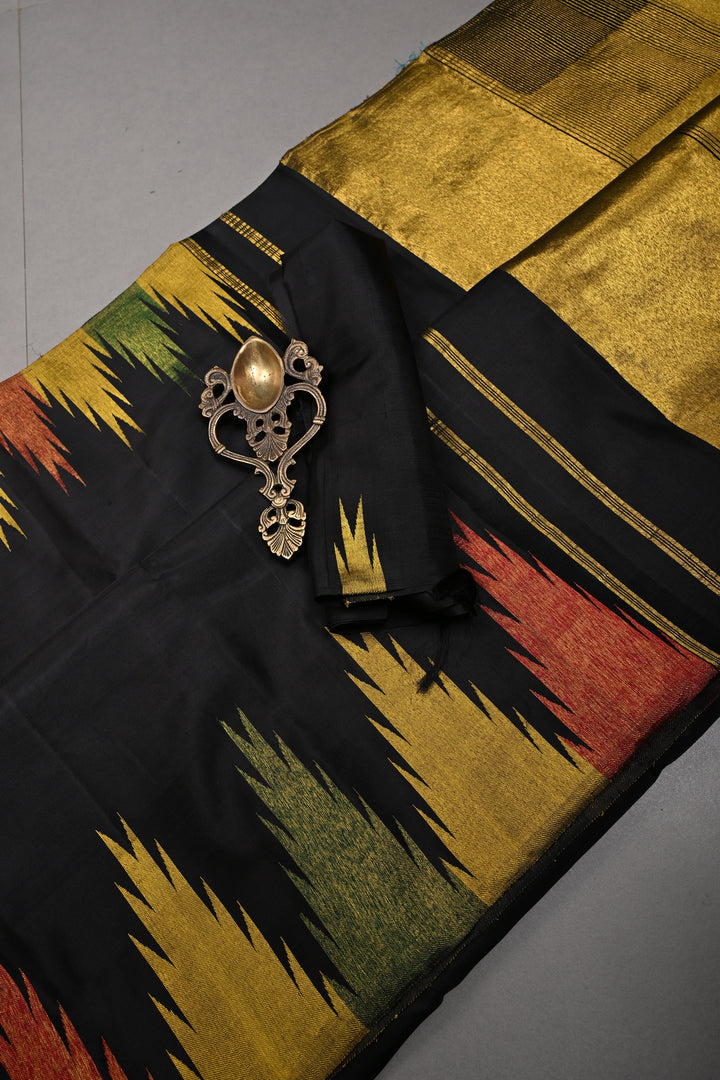 Authentic Kanjivaram Silk Saree in Stunning Black with MultiColor Temple Border with Grand Pallu | SILK MARK CERTIFIED