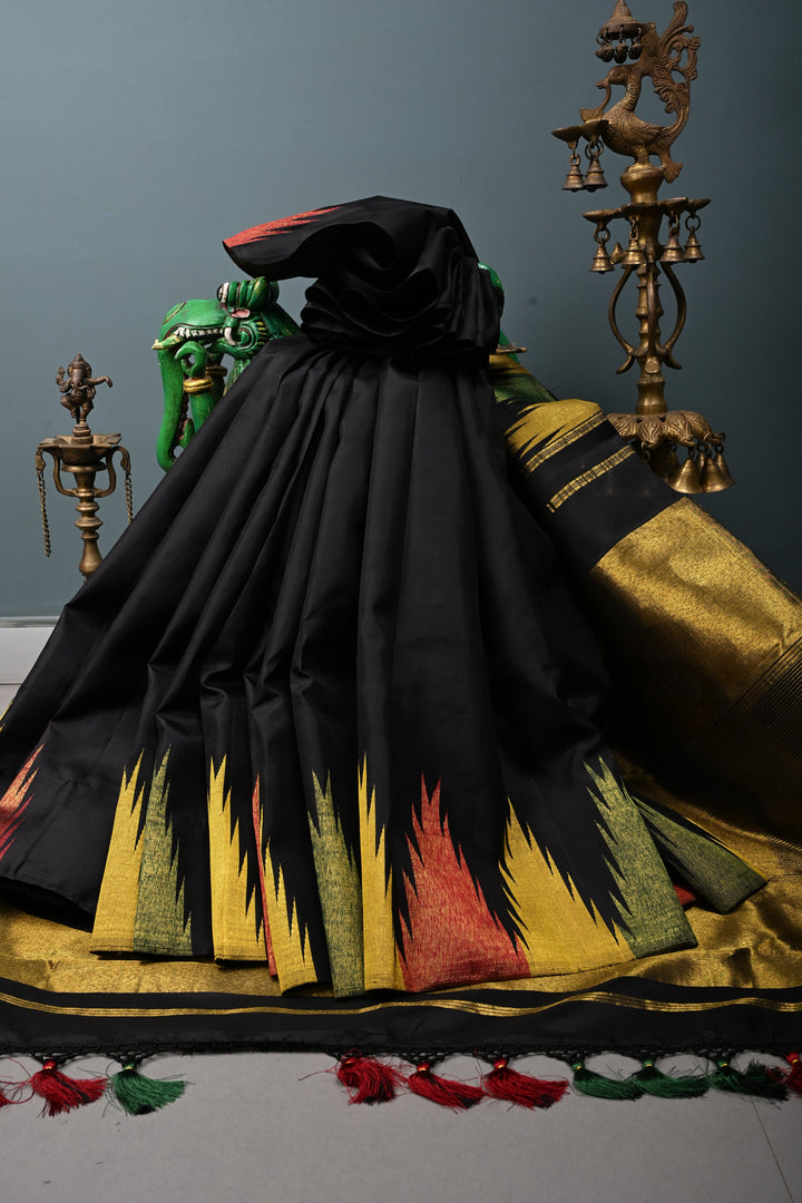 Authentic Kanjivaram Silk Saree in Stunning Black with MultiColor Temple Border with Grand Pallu | SILK MARK CERTIFIED