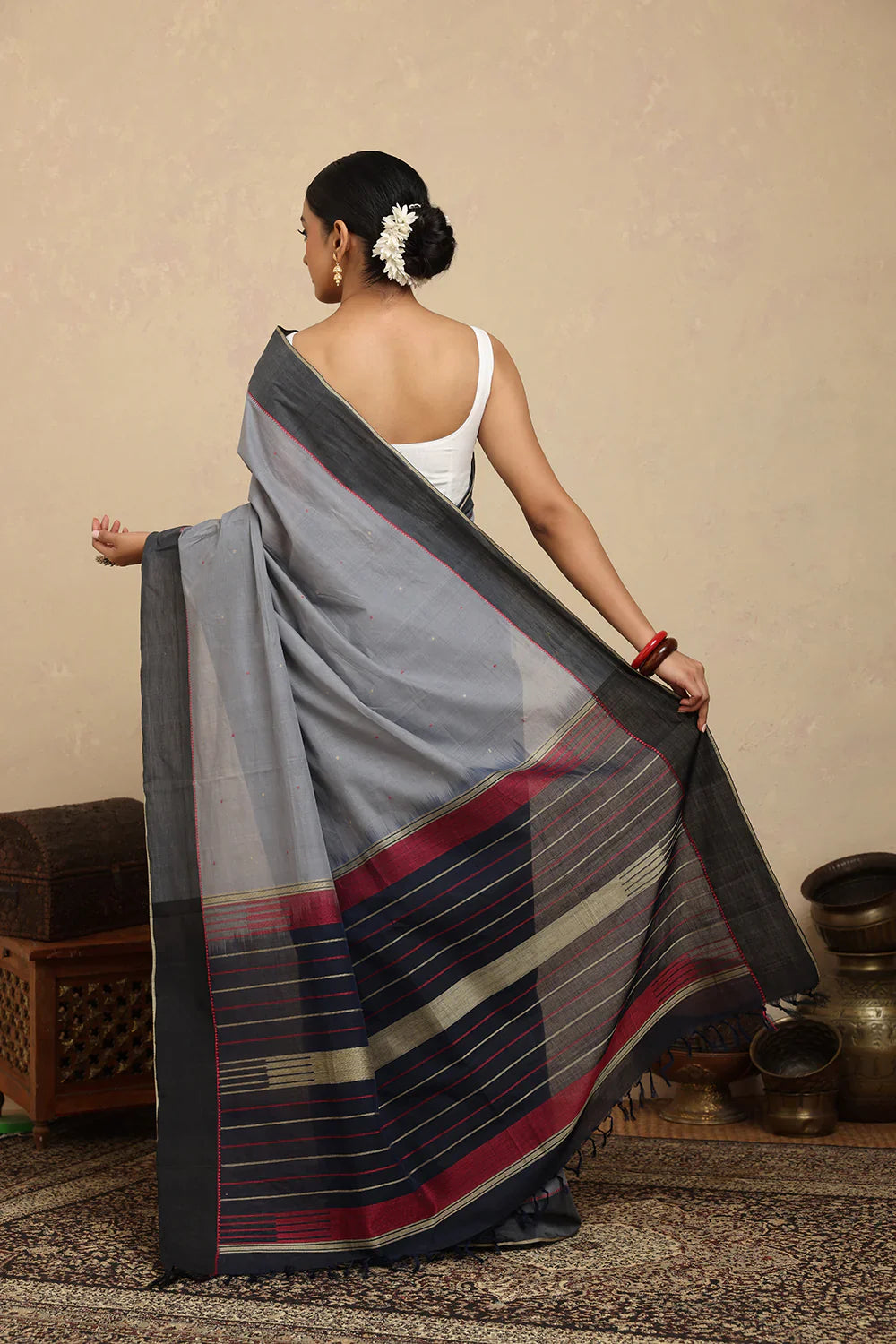 Handloom Gray Kanchi Cotton Saree With Blue Gray Border | SHOBITAM