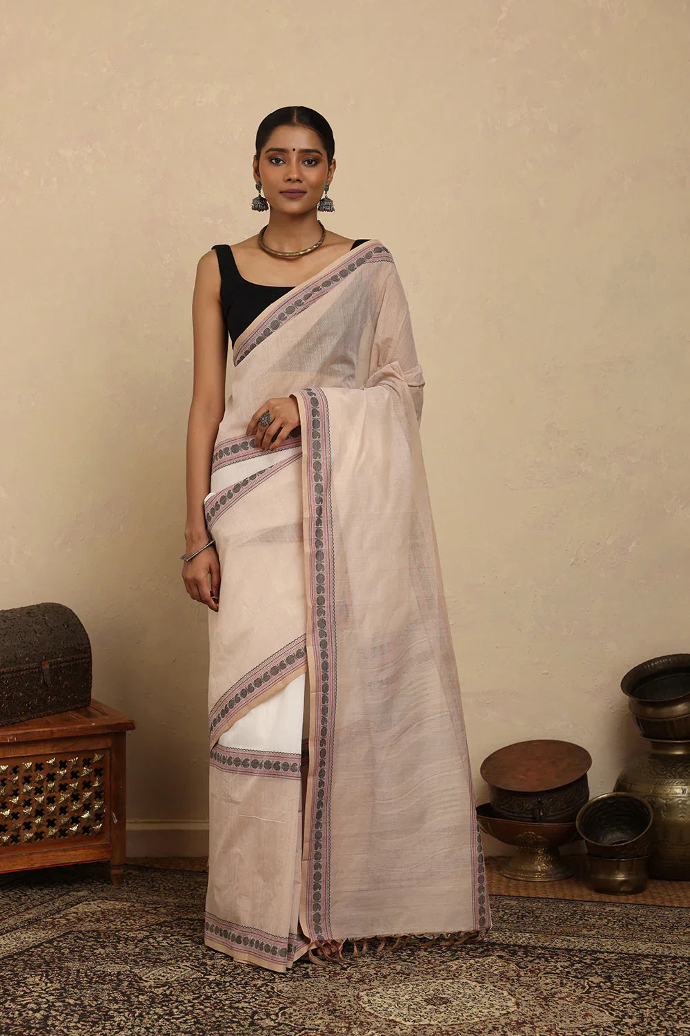 Handloom Beige and White Kanchi Cotton Saree | SHOBITAM