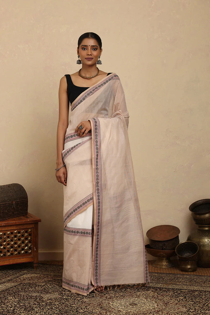 Handloom Beige and White Kanchi Cotton Saree | SHOBITAM