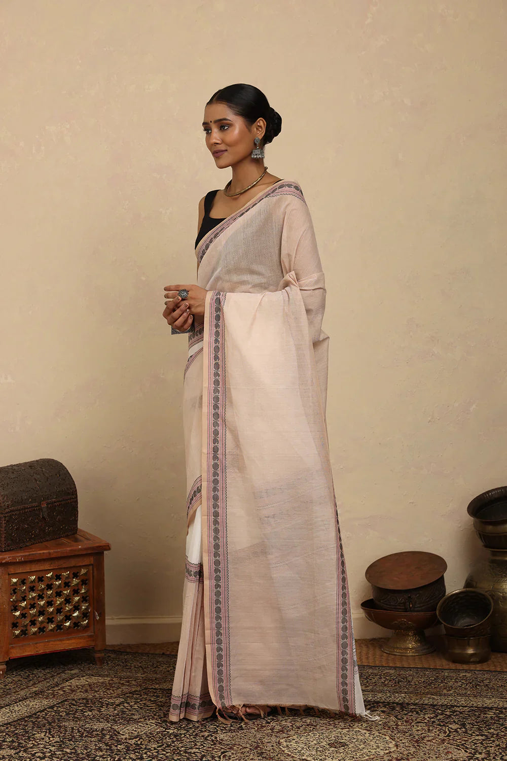Handloom Beige and White Kanchi Cotton Saree | SHOBITAM