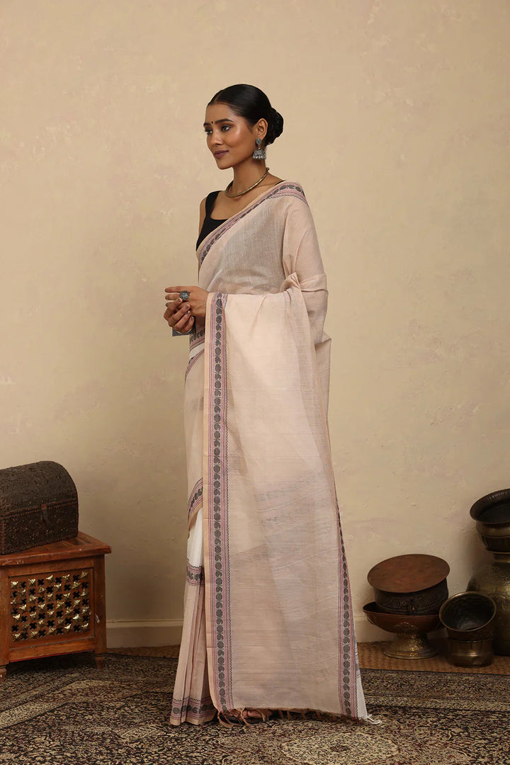 Handloom Beige and White Kanchi Cotton Saree | SHOBITAM