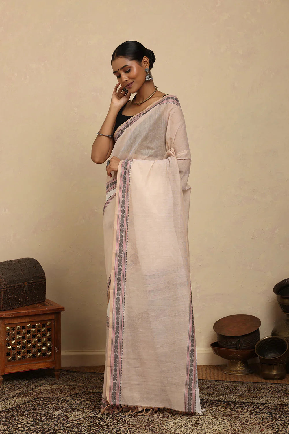 Handloom Beige and White Kanchi Cotton Saree | SHOBITAM