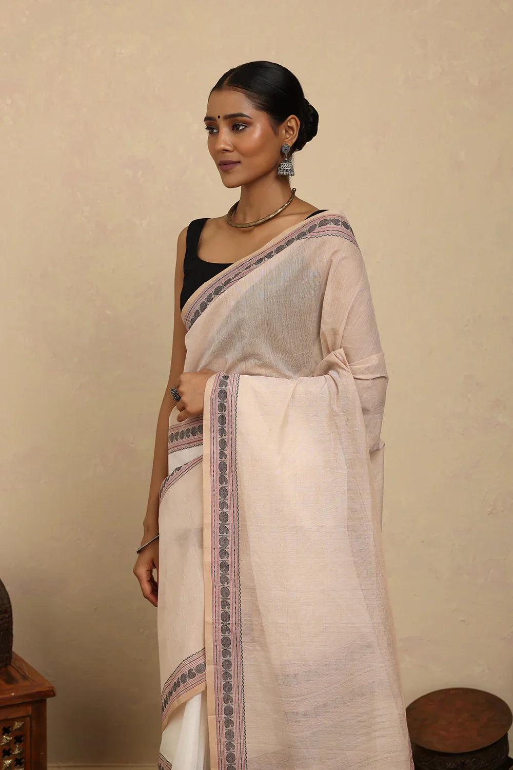 Handloom Beige and White Kanchi Cotton Saree | SHOBITAM