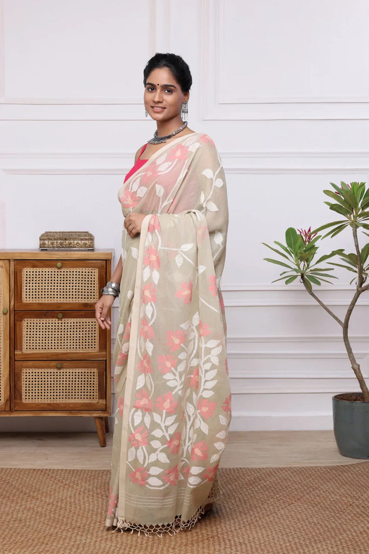 Handloom Beige Soft Cotton Multi Colour Floral Jamdani Saree | SHOBITAM