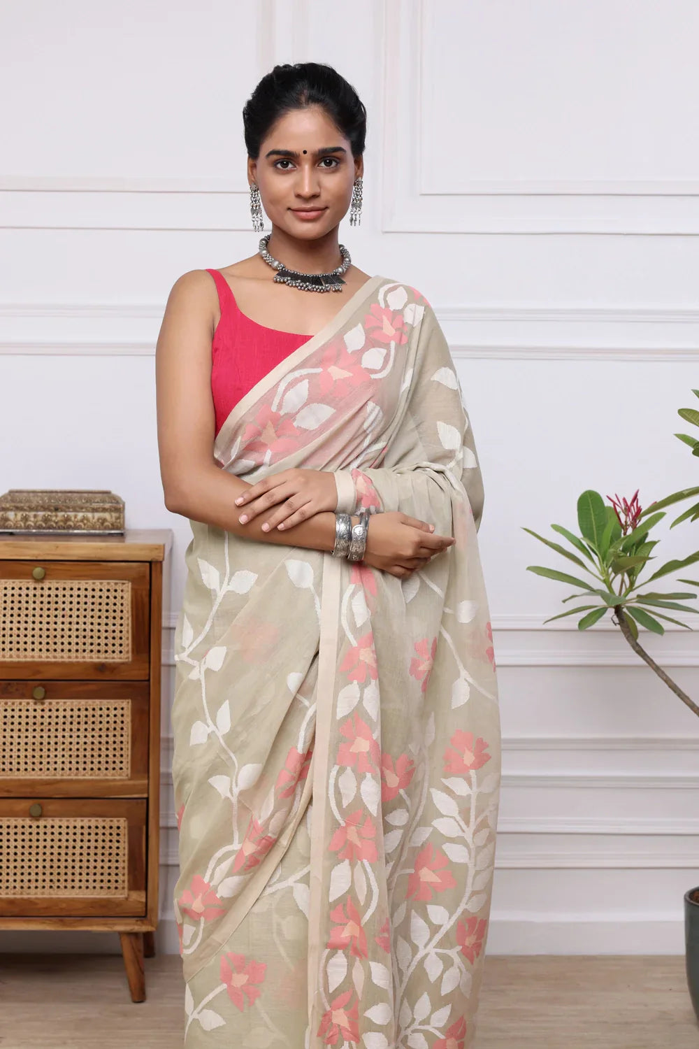 Handloom Beige Soft Cotton Multi Colour Floral Jamdani Saree | SHOBITAM