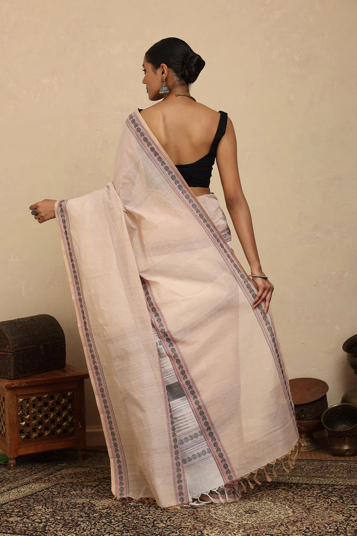 Handloom Beige and White Kanchi Cotton Saree | SHOBITAM