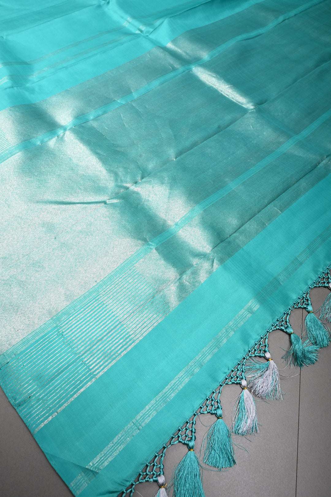 Authentic Kanjivaram Silk Saree in Teal with Silver Zari Temple Border with Grand Pallu | SILK MARK CERTIFIED