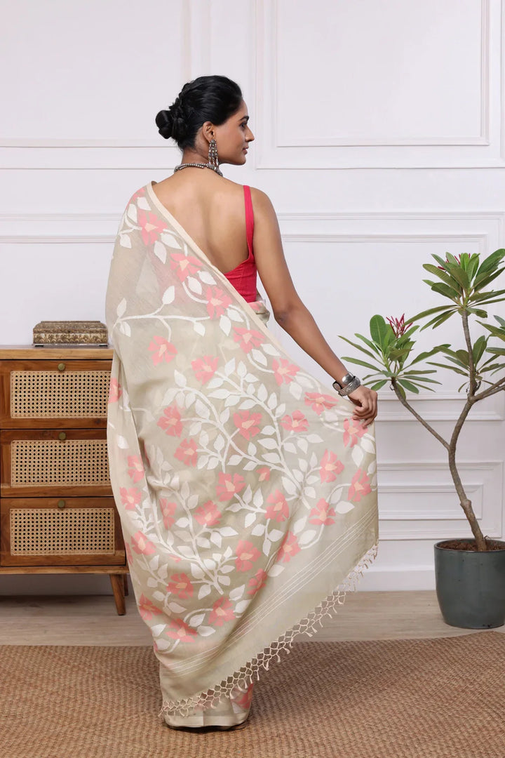 Handloom Beige Soft Cotton Multi Colour Floral Jamdani Saree | SHOBITAM