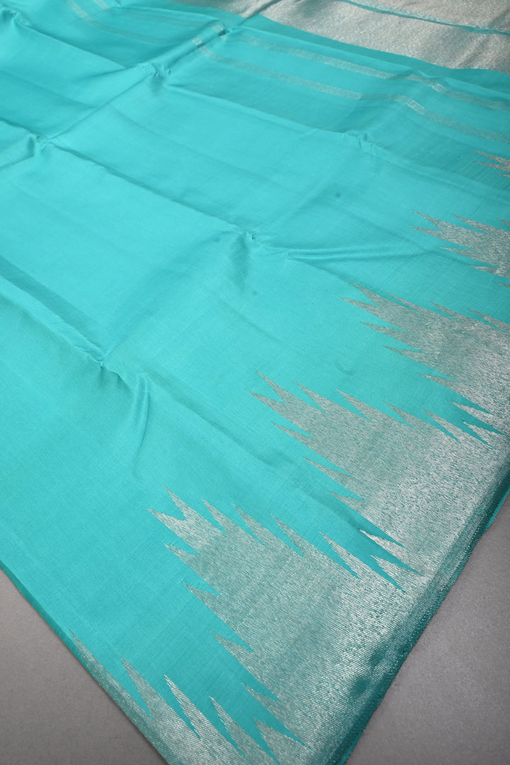Authentic Kanjivaram Silk Saree in Teal with Silver Zari Temple Border with Grand Pallu | SILK MARK CERTIFIED