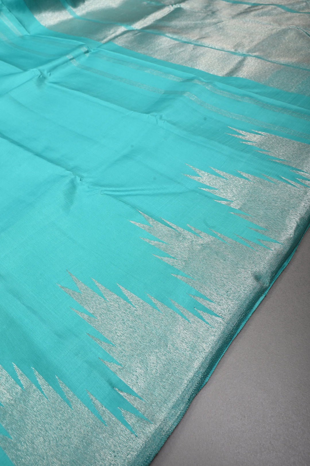 Authentic Kanjivaram Silk Saree in Teal with Silver Zari Temple Border with Grand Pallu | SILK MARK CERTIFIED