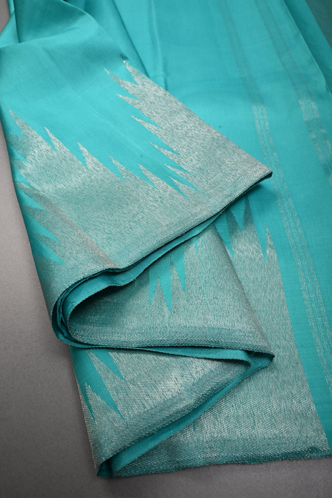 Authentic Kanjivaram Silk Saree in Teal with Silver Zari Temple Border with Grand Pallu | SILK MARK CERTIFIED