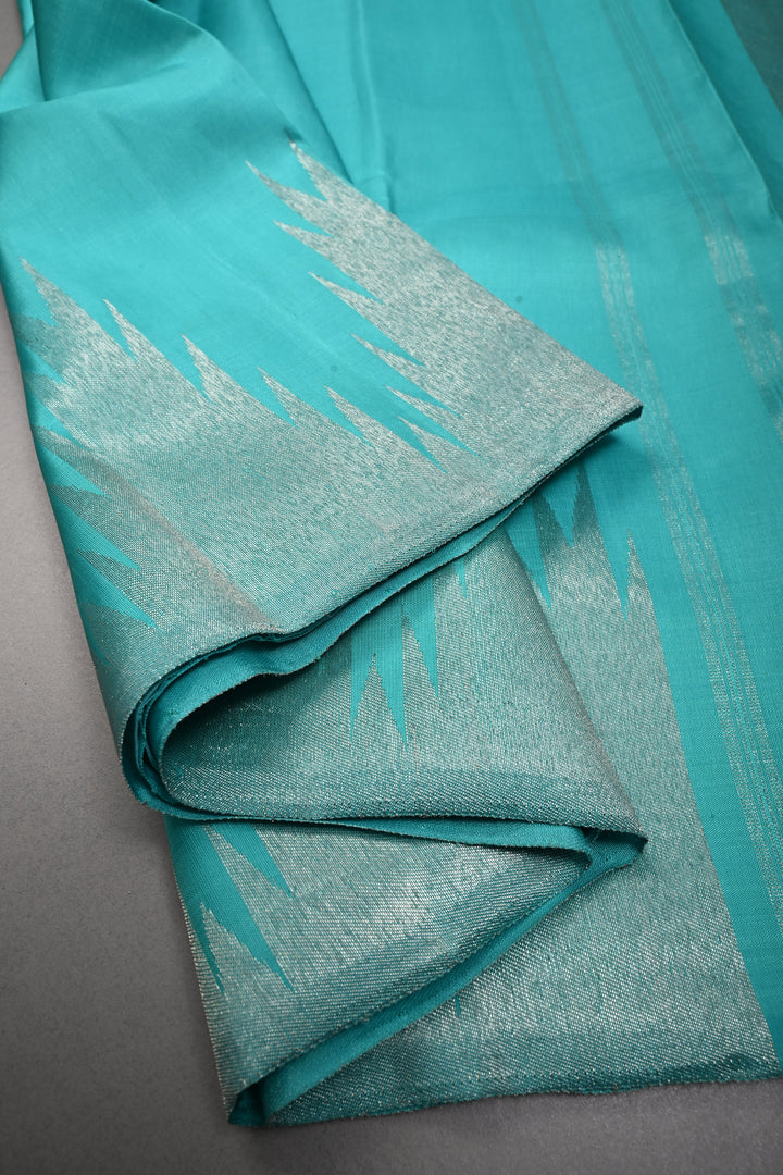 Authentic Kanjivaram Silk Saree in Teal with Silver Zari Temple Border with Grand Pallu | SILK MARK CERTIFIED