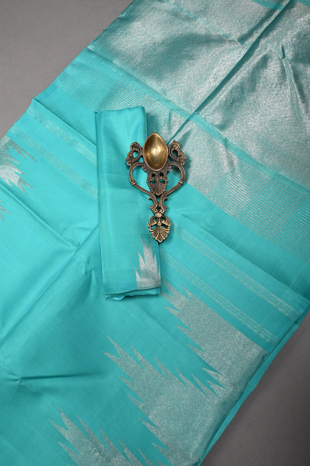 Authentic Kanjivaram Silk Saree in Teal with Silver Zari Temple Border with Grand Pallu | SILK MARK CERTIFIED