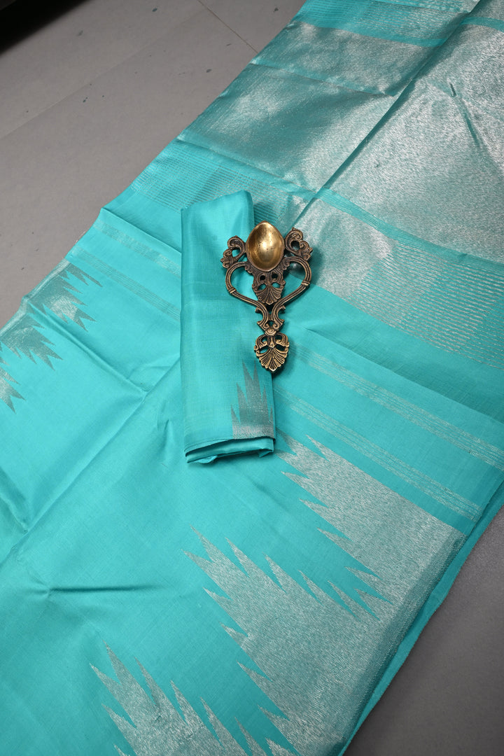 Authentic Kanjivaram Silk Saree in Teal with Silver Zari Temple Border with Grand Pallu | SILK MARK CERTIFIED