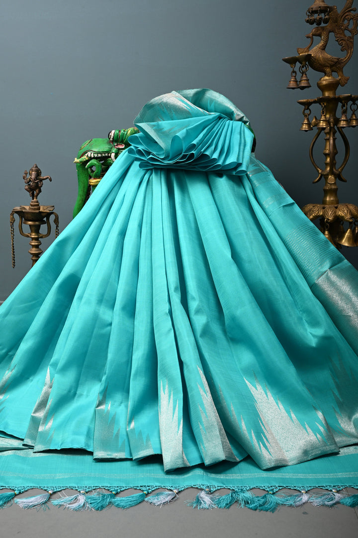 Authentic Kanjivaram Silk Saree in Teal with Silver Zari Temple Border with Grand Pallu | SILK MARK CERTIFIED