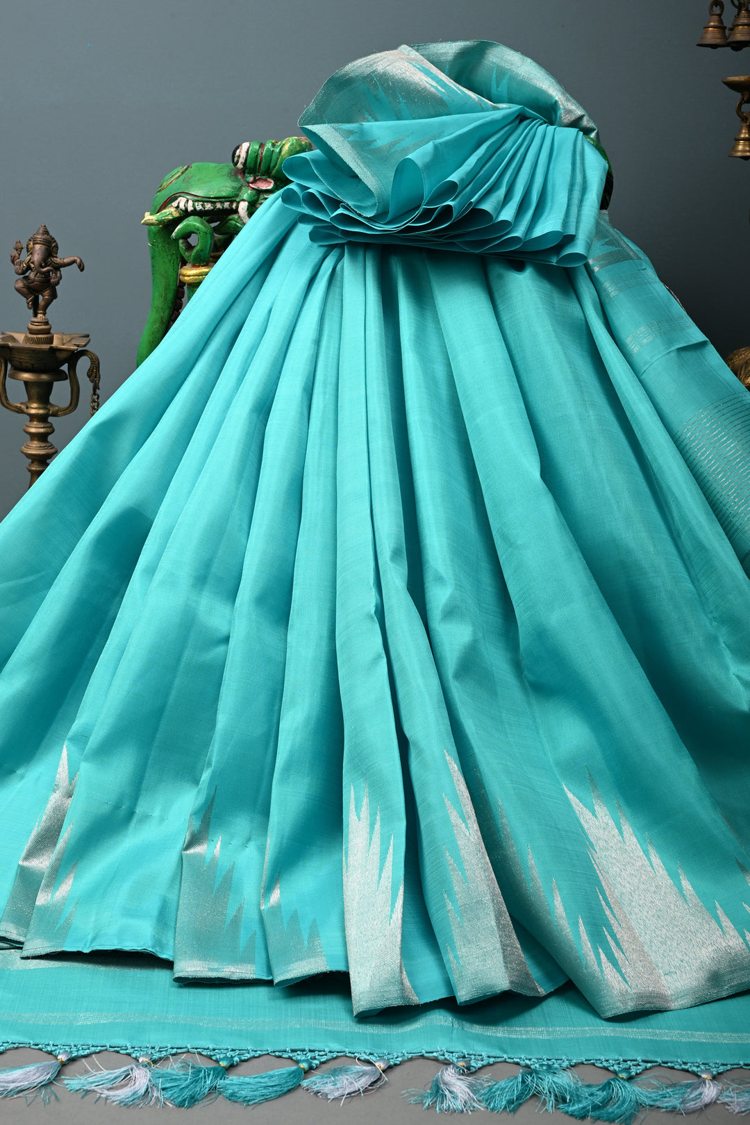 Authentic Kanjivaram Silk Saree in Teal with Silver Zari Temple Border with Grand Pallu | SILK MARK CERTIFIED