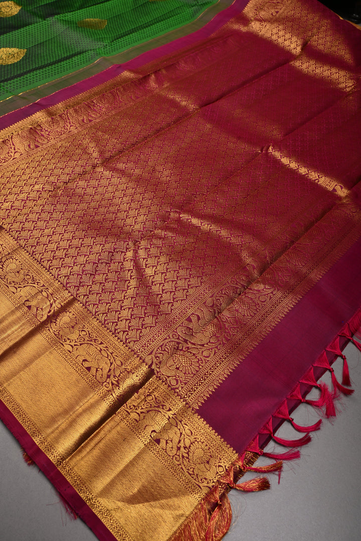 Green Dual Tone Korvai Brocade on Pure Kanjivaram Silk Handloom Saree with Zari Buttas and Zari Border | SILK MARK CERTIFIED | SHOBITAM